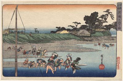 Schelpen verzamelen bij eb bij Susaki, uit de serie Beroemde plaatsen in Edo door Utagawa Hiroshige