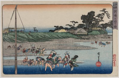 Schelpen verzamelen bij eb bij Susaki, uit de serie Beroemde plaatsen in Edo door Utagawa Hiroshige