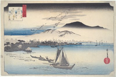 Ganzen dalen neer bij Katada: Acht Zichten van Omi door Utagawa Hiroshige