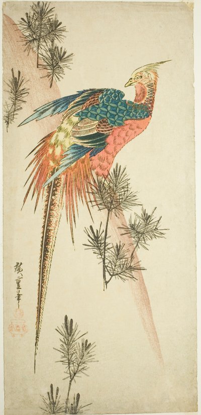 Gouden Fazant en Dennenscheuten in de Sneeuw door Utagawa Hiroshige