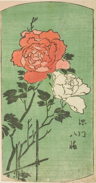 Hachiman Heiligdom in Fukagawa (Fukagawa Hachiman), deel van een blad uit de serie "Uitgeknipte Afbeeldingen van Beroemde Plaatsen in Edo (Edo meisho harimaze zue)" door Utagawa Hiroshige