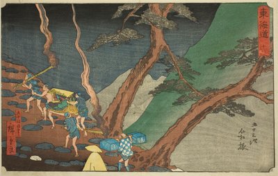 Hakone: Reizen met pijnbomen fakkels in de nacht (Hakone, yonaka taimatsu tori)—Nr. 11, uit de serie "Drieënvijftig stations van de Tokaido (Tokaido gojusan tsugi)," ook bekend als de Reisho Tokaido door Utagawa Hiroshige