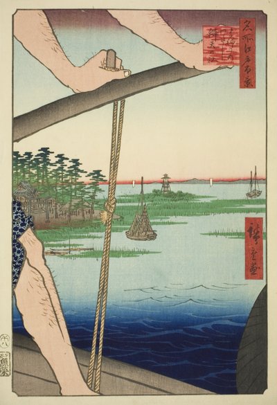 Haneda-veerboot en Benten-schrijn, uit de serie "Honderd beroemde uitzichten van Edo" door Utagawa Hiroshige
