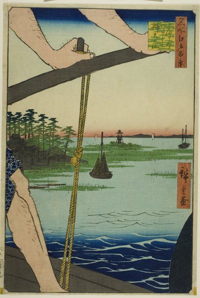 Haneda veerboot en Benten heiligdom (Haneda no watashi Benten no yashiro), uit de serie "Honderd beroemde vergezichten van Edo (Meisho Edo hyakkei)". door Utagawa Hiroshige