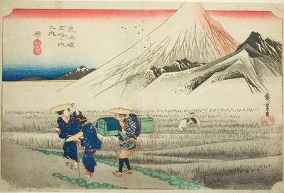Hara: Mount Fuji in de ochtend (Hara, asa no Fuji), uit de serie "Drieënvijftig stations van de Tokaido-weg (Tokaido gojusan tsugi no uchi)," ook bekend als de Hoeido Tokaido door Utagawa Hiroshige