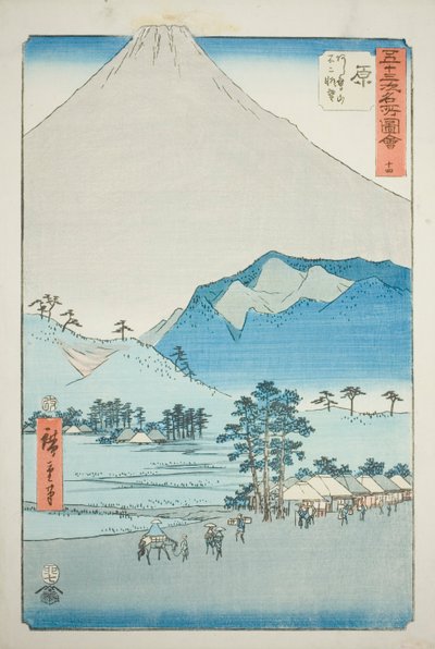 Hara: Uitzicht op de Ashitaka-bergen en de berg Fuji, nr. 14 uit de serie "Beroemde bezienswaardigheden van de drieënvijftig stations," ook bekend als de Verticale Tokaido door Utagawa Hiroshige