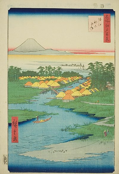 Horie en Nekozane (Horie Nekozane), nr.96 uit de serie "Honderd beroemde gezichten op Edo (Meisho Edo hyakkei)". door Utagawa Hiroshige