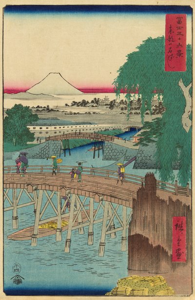Ichikoku-brug in de oostelijke hoofdstad, uit de serie "Zesendertig uitzichten op de berg Fuji" door Utagawa Hiroshige