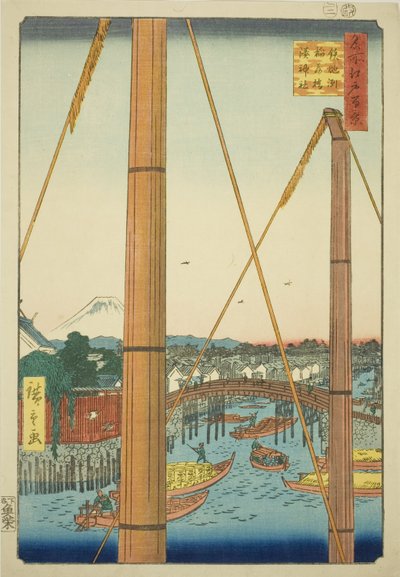 Inari-brug en Minato-schrijn, Teppozu, uit de serie "Honderd beroemde uitzichten van Edo" door Utagawa Hiroshige
