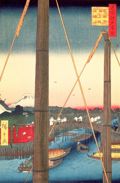 Inari brug en Minato heiligdom, Teppozu, plaat 77 uit de serie Honderd beroemde uitzichten van Edo, Edo Periode, Ansei Era, 1857 door Utagawa Hiroshige