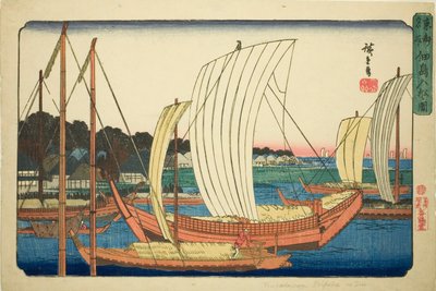 Binnenkomende boten bij Tsukuda-eiland (Tsukudajima irifune no zu), uit de serie "Beroemde plaatsen in de oostelijke hoofdstad (Toto meisho)" door Utagawa Hiroshige