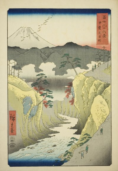 Inume-pas in de provincie Kai (Kai Inume toge), uit de serie "Zesendertig uitzichten op de berg Fuji (Fuji sanjurokkei)" door Utagawa Hiroshige
