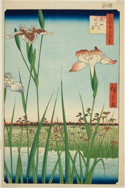 Iris bij Horikiri (Horikiri no hanashobu), uit de serie "Honderd beroemde uitzichten van Edo (Meisho Edo hyakkei)" door Utagawa Hiroshige