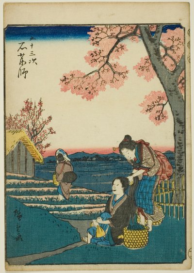 Ishiyakushi, uit de serie "Drieënvijftig Stations [van de Tokaido] (Gojusan tsugi)," ook bekend als de Figuren Tokaido (Jinbutsu Tokaido) door Utagawa Hiroshige