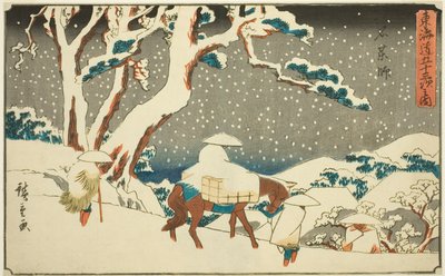 Ishiyakushi, uit de serie "Drieënvijftig stations van de Tokaido (Tokaido gojusan tsugi no uchi)," ook bekend als de Gyosho Tokaido door Utagawa Hiroshige