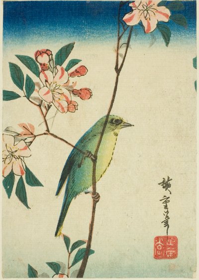 Japanse witogige vogel op bloeiende tak door Utagawa Hiroshige