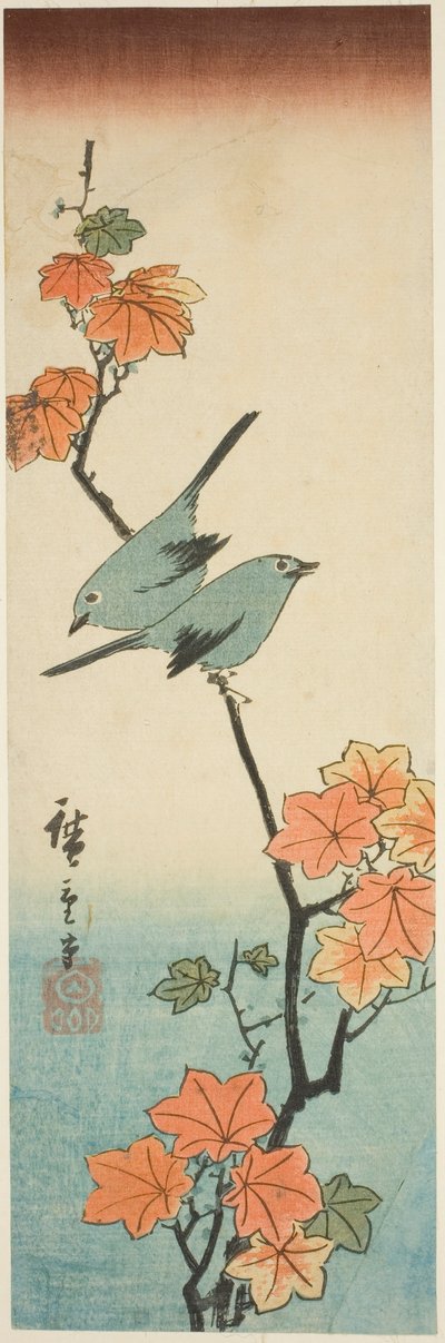 Japanse Witte Ogen op een Esdoorn Tak door Utagawa Hiroshige