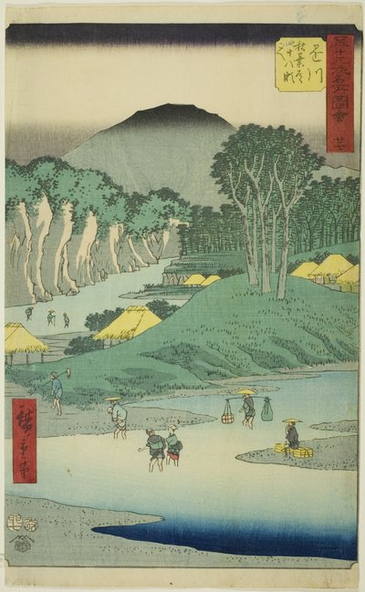 Kakegawa: Oversteek van de achtenveertig stroomversnellingen op de Akiba-weg, nr. 27 uit de serie "Beroemde bezienswaardigheden van de drieënvijftig stations," ook bekend als de Verticale Tokaido door Utagawa Hiroshige