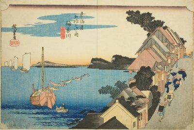 Kanagawa: Uitzicht op de Dijk (Kanagawa, dai no kei), uit de serie "Drieënvijftig Stations van de Tokaido Weg (Tokaido gojusan tsugi no uchi)," ook bekend als de Hoeido Tokaido door Utagawa Hiroshige