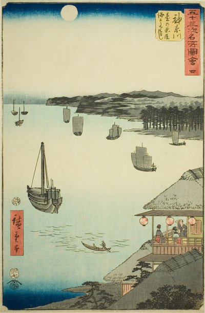 Kanagawa: Uitzicht over de Zee vanaf de Theehuizen op de Heuvel, nr. 4 uit de serie "Beroemde Zichten van de Drieënvijftig Stations," ook bekend als de Verticale Tokaido door Utagawa Hiroshige