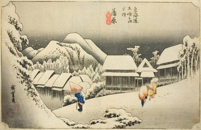 Kanbara: Avondsneeuw (Kanbara, yoru no yuki), uit de serie "Drieënvijftig stations van de Tokaido (Tokaido gojusan tsugi no uchi)," ook bekend als de Hoeido Tokaido door Utagawa Hiroshige
