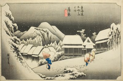 Kanbara: Avondsneeuw (Kanbara, yoru no yuki), uit de serie "Drieënvijftig stations van de Tokaido (Tokaido gojusan tsugi no uchi)," ook bekend als de Hoeido Tokaido door Utagawa Hiroshige