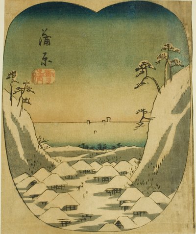 Kanbara, deel van blad nr. 4 uit de serie "Uitknipsels van de Drieënvijftig Stations (Gojusan tsugi harimaze)" door Utagawa Hiroshige