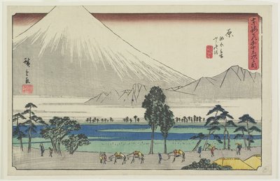 Kashiwahara rustplaats bij de vijver met uitzicht op de berg Fuji, Hara, 1841-1842 door Utagawa Hiroshige
