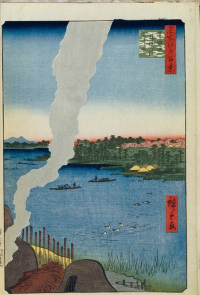 Ovens en de Hashiba-veerboot op de Sumida-rivier Honderd Beroemde Zichten van Edo, 1856-1858 door Utagawa Hiroshige