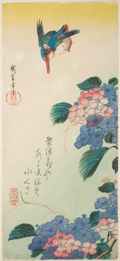 IJsvogel en hortensia door Utagawa Hiroshige