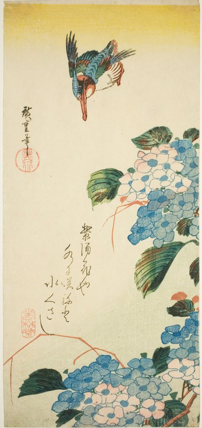 IJsvogel en Hortensia door Utagawa Hiroshige