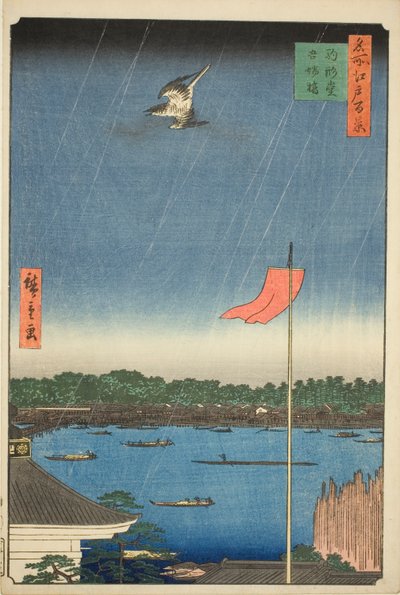 Komagata Hall en Azuma Brug (Komagatado Azumabashi), uit de serie "Honderd beroemde uitzichten van Edo (Meisho Edo hyakkei)" door Utagawa Hiroshige