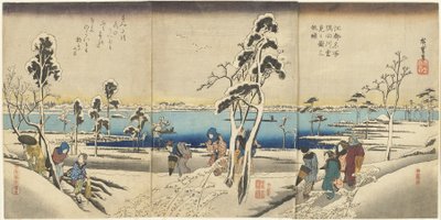 Koto meisho Sumida-gawa yuki-mi no zu san-mai tsuzuki door Utagawa Hiroshige