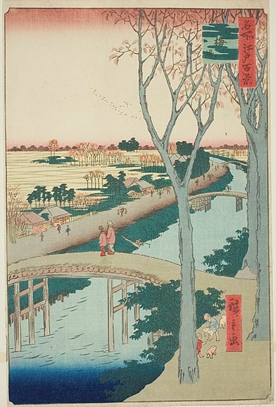 Koume Embankment (Koumezutsumi), nr.104 uit de serie "Honderd beroemde vergezichten van Edo (Meisho Edo hyakkei)". door Utagawa Hiroshige