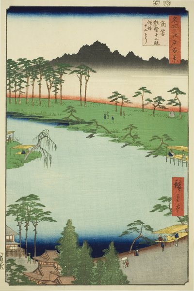 Kumano Junisha Heiligdom in Tsunohazu, Populair Bekend als Juniso (Tsunohazu Kumano Junisha, zokusho Juniso), uit de serie "Honderd Beroemde Uitzichten van Edo (Meisho Edo hyakkei)" door Utagawa Hiroshige