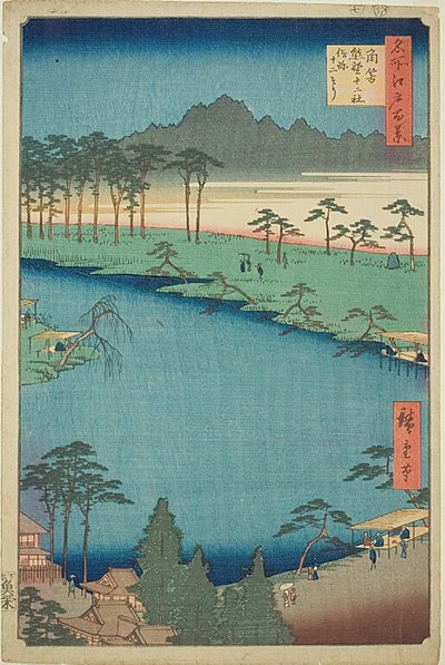 Kumano Junisha Shrine in Tsunohazu, in de volksmond bekend als "Juniso" (Tsunohazu Kumano Junisha zokusho Juniso), nr.50 uit de serie "One Hundred Famous Views of Edo (Meisho Edo hyakkei)". door Utagawa Hiroshige