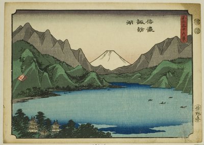 Meer Suwa in de provincie Shinano (Shinano Suwako), uit de serie "Zesendertig gezichten op de berg Fuji (Fuji sanjurokkei)" door Utagawa Hiroshige