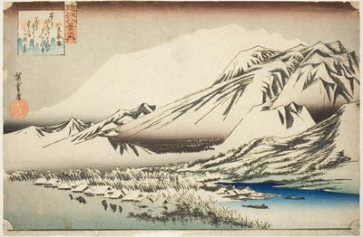 Aanhoudende Sneeuw op de Berg Hira, uit de serie "Acht Zichten van de Provincie Omi" door Utagawa Hiroshige