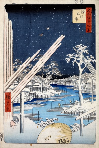 Houthandelaren in Fukagawa, Honderd beroemde uitzichten van Edo, 1856-1858 door Utagawa Hiroshige