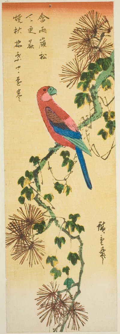 Ara op met klimop bedekte pijnboomtak door Utagawa Hiroshige