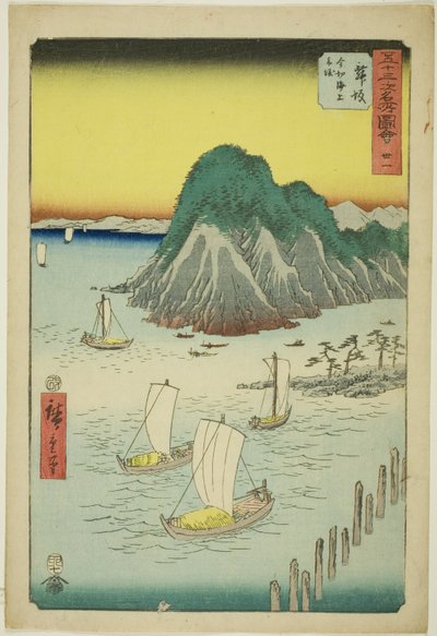 Maisaka: Veerboten die de zee oversteken bij Imagiri (Maisaka, Imagiri kaijo funewatashi), nr. 31 uit de serie "Beroemde bezienswaardigheden van de drieënvijftig stations (Gojusan tsugi meisho zue)," ook bekend als de Verticale Tokaido door Utagawa Hiroshige