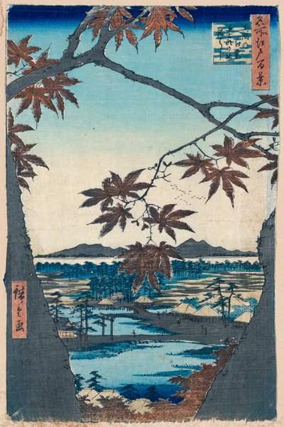 Esdoornbladeren en het Tekona-heiligdom en Brug bij Mama, 1856-1858 door Utagawa Hiroshige
