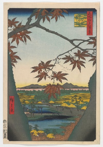 Esdoorns bij Mama, Tekona-schrijn en verbonden brug, Edo-periode, 1857 door Utagawa Hiroshige