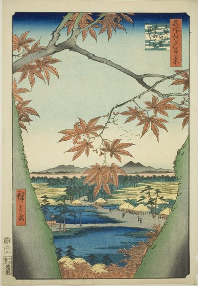 Esdoorns bij Mama, Tekona-schrijn en Tsugi-brug (Mama no momiji, Tekona no yashiro, Tsugihashi), uit de serie 
