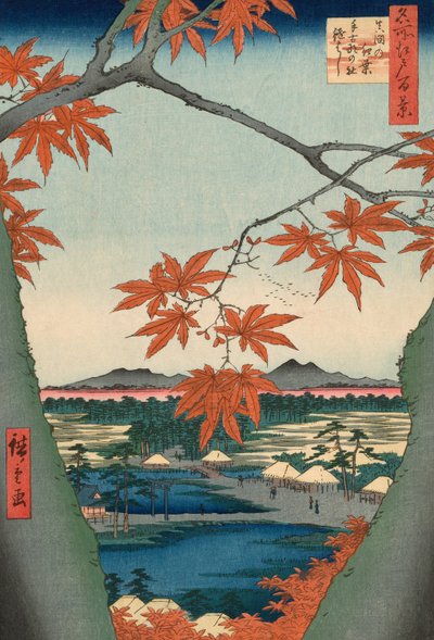 Esdoorns bij Mama, Tekona-heiligdom en Tsugi-brug (Mama no momiji, Tekona no yashiro, Tsugihashi), uit de serie "Honderd beroemde gezichten van Edo (Meisho Edo hyakkei)" door Utagawa Hiroshige