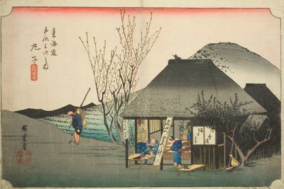 Mariko: Beroemde Theewinkel, uit de serie "Drieënvijftig Stations van de Tokaido Weg," ook bekend als de Hoeido Tokaido door Utagawa Hiroshige