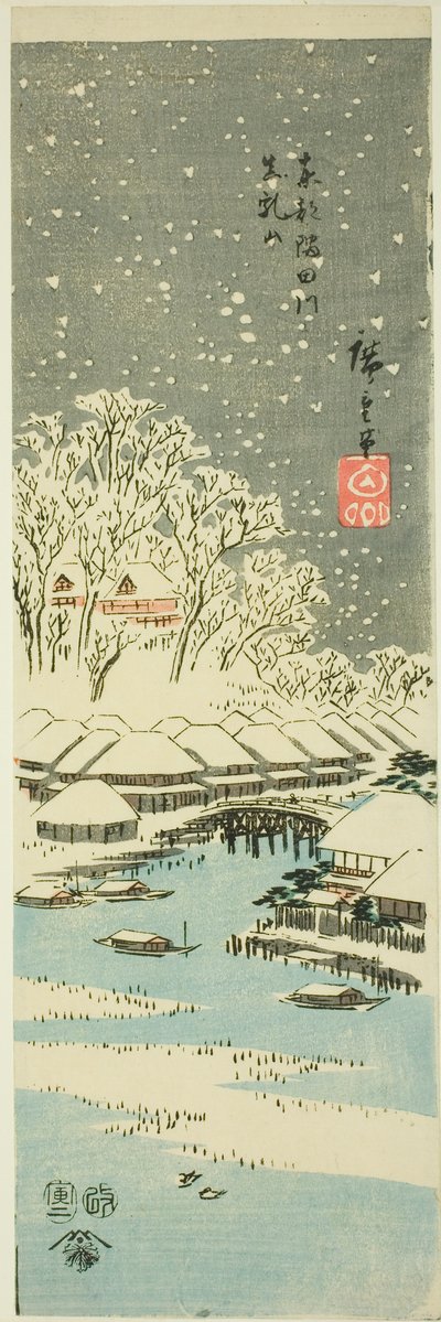 Matsuchi Heuvel gezien vanaf de Sumida Rivier in de Oostelijke Hoofdstad, uit een ongetitelde serie van uitzichten van de provincies door Utagawa Hiroshige
