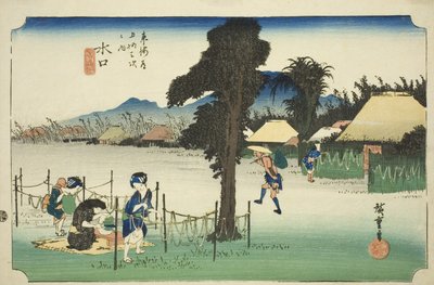 Minakuchi: Gedroogde Kalebas Schilfers, een lokale specialiteit, uit de serie "Drieënvijftig Stations van de Tokaido," ook bekend als de Hoeido Tokaido door Utagawa Hiroshige