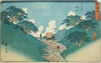 Minakuchi: De mooie pijnbomen bij de berg Hiramatsu (Minakuchi, Hiramatsuyama bisho)—Nr. 51, uit de serie "Drieënvijftig stations van de Tokaido (Tokaido gojusan tsugi)," ook bekend als de Reisho Tokaido door Utagawa Hiroshige