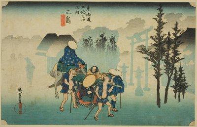 Mishima: Ochtendmist, uit de serie "Drieënvijftig Stations van de Tokaido Weg," ook bekend als de Hoeido Tokaido door Utagawa Hiroshige